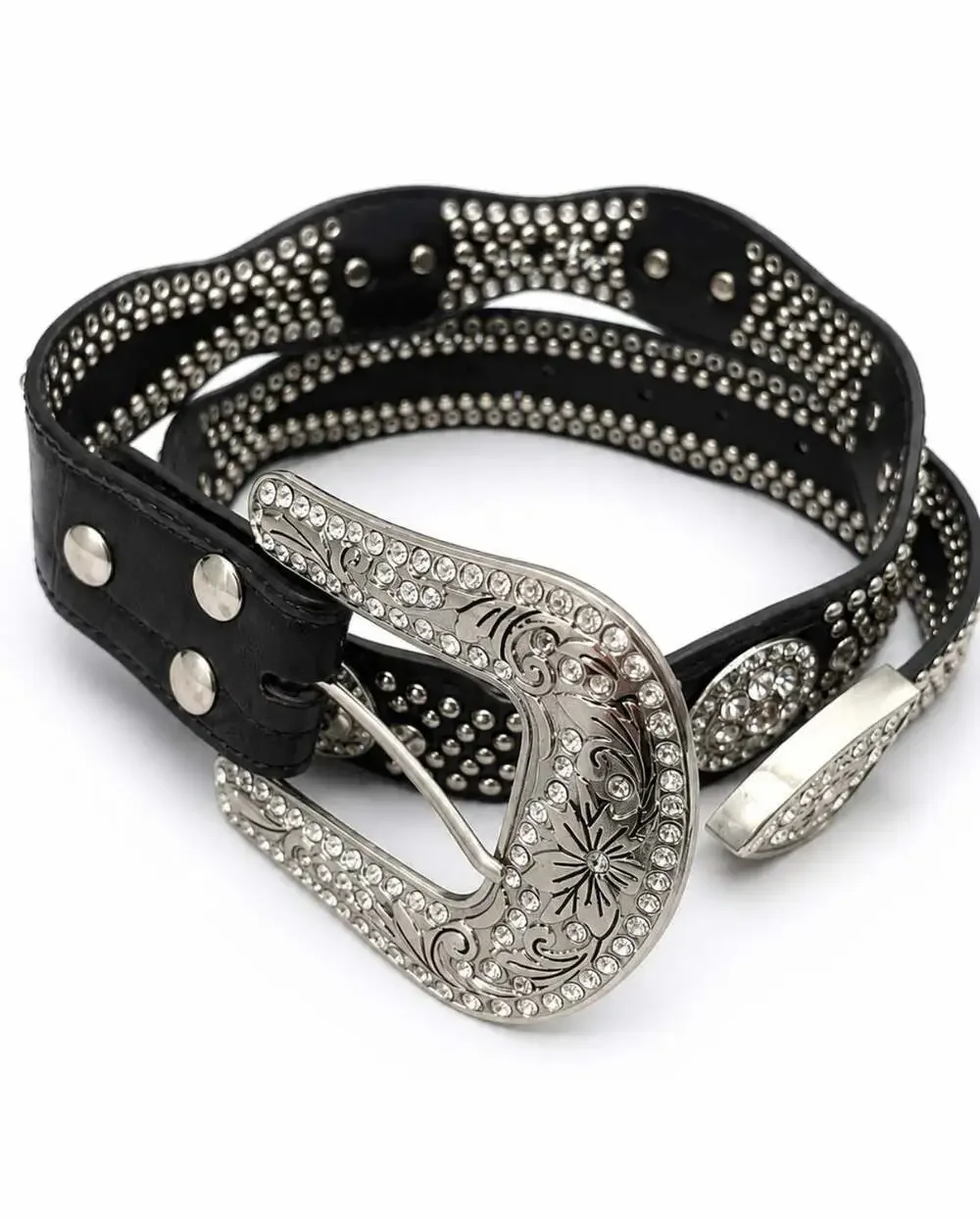 Nocona Black Croc Print Leather Belt Rhinestone Concho Western Cowgirl M